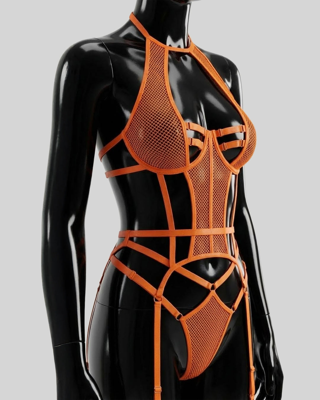 Amber Obsession – Strappy Mesh Bodysuit with Garters