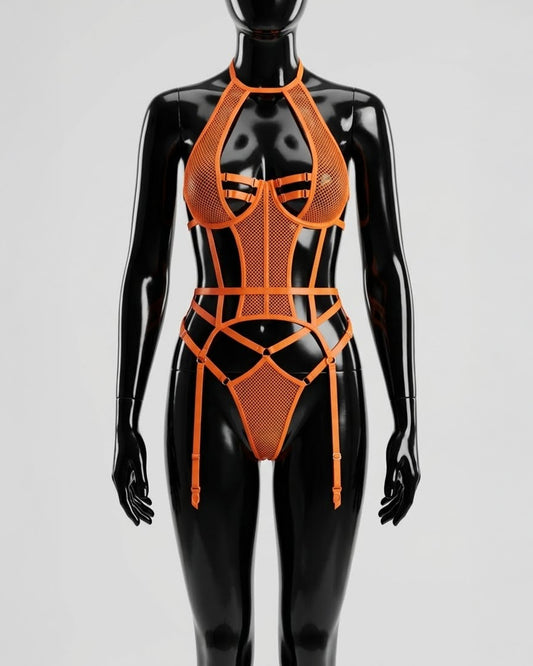 Amber Obsession – Strappy Mesh Bodysuit with Garters