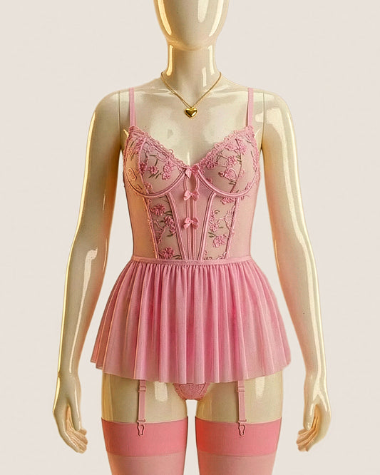 Pink Enchantment – Floral Bustier with Mesh Skirt