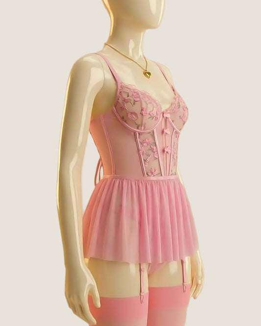 Pink Enchantment – Floral Bustier with Mesh Skirt